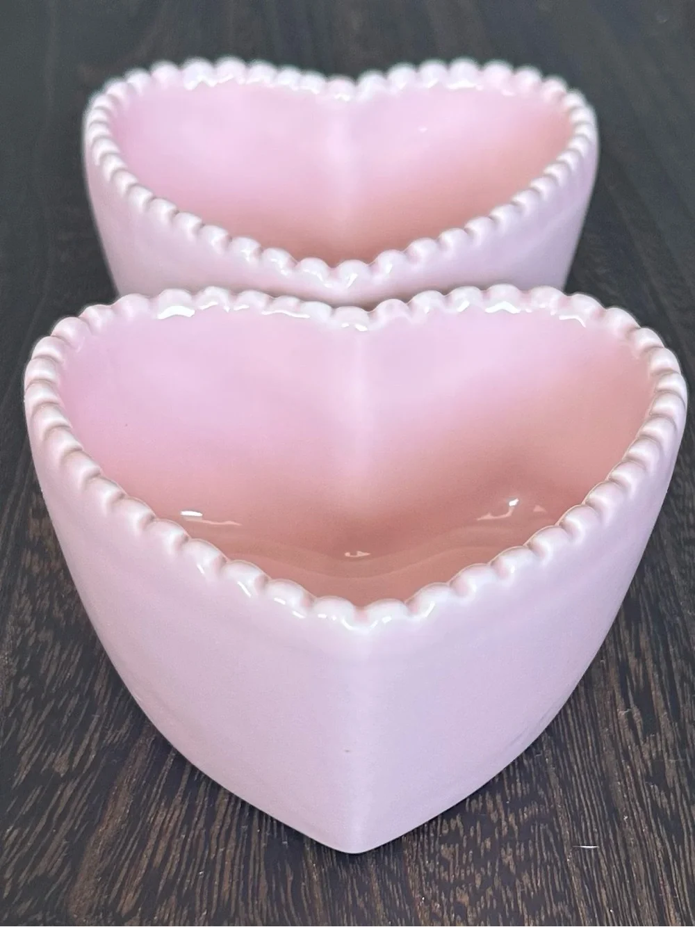 Set of 2 Pink Heart Shaped Ceramic Bowls Beaded Rim Ramekins Trinket Dishes